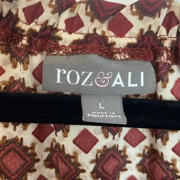 Roz & Ali Womens Blouse Large Geometric Diamond Red Cream 3/4 Length Sleeve - Picture 4 of 9